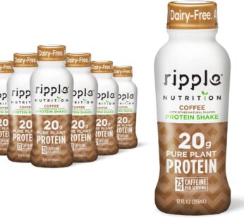 Ripple Vegan Protein Shake | Coffee Flavor | 75mg of Caffeine | 20g Nutritious Plant Based Pea Protein | Shelf Stable | Free of GMOs, Soy, Nut, Gluten, Lactose | 12 oz, Pack of 12